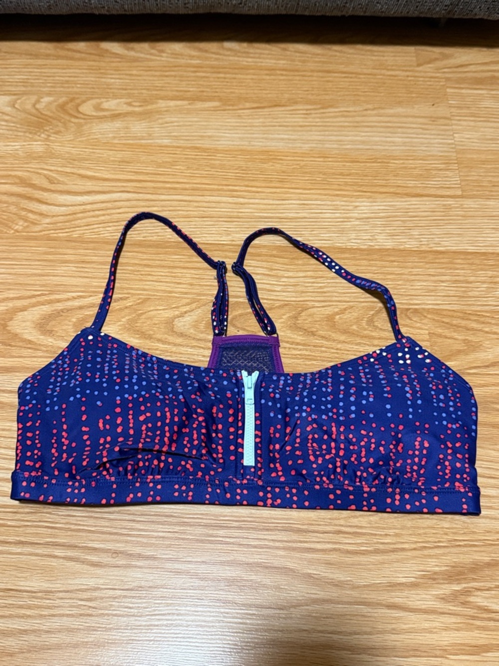 Roxy Purple & Navy Sports Bra with Coral Dot Accents
